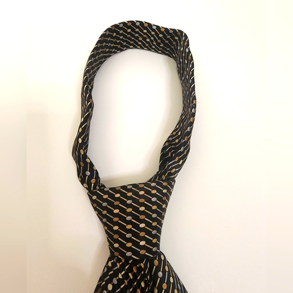 Vitaliano Pancaldi Pleated  100% Silk Rare Black Tie with Gold Dots - Picture 1 of 5